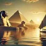 Egyptian-scene-blending-ancient-and-modern-elements.-The-foreground-features-the-calm-waters-of-the-Nile-River-reflecting-the-w.webp