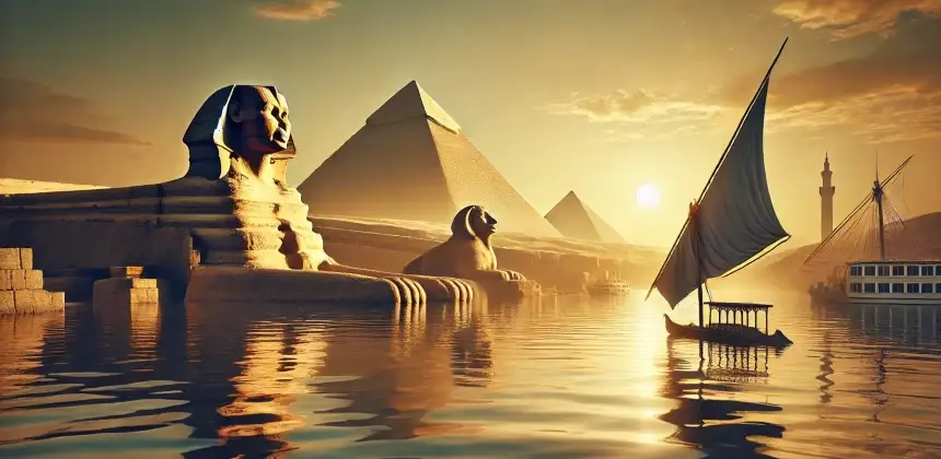 Egyptian-scene-blending-ancient-and-modern-elements.-The-foreground-features-the-calm-waters-of-the-Nile-River-reflecting-the-w.webp